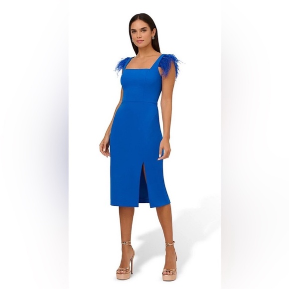 Adrianna Papell Dresses & Skirts - AidanAdrianna Papell Royal Blue knit crepe Midi Dress with Feather Accents